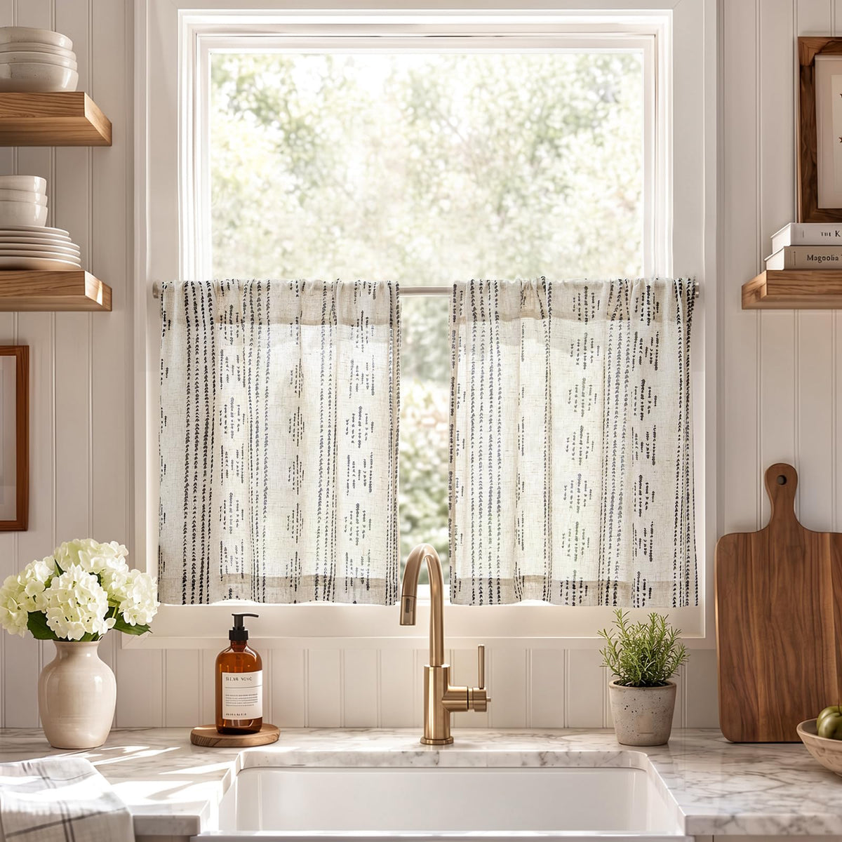 jinchan Linen Striped Tier Curtains for Kitchen Windows Farmhouse