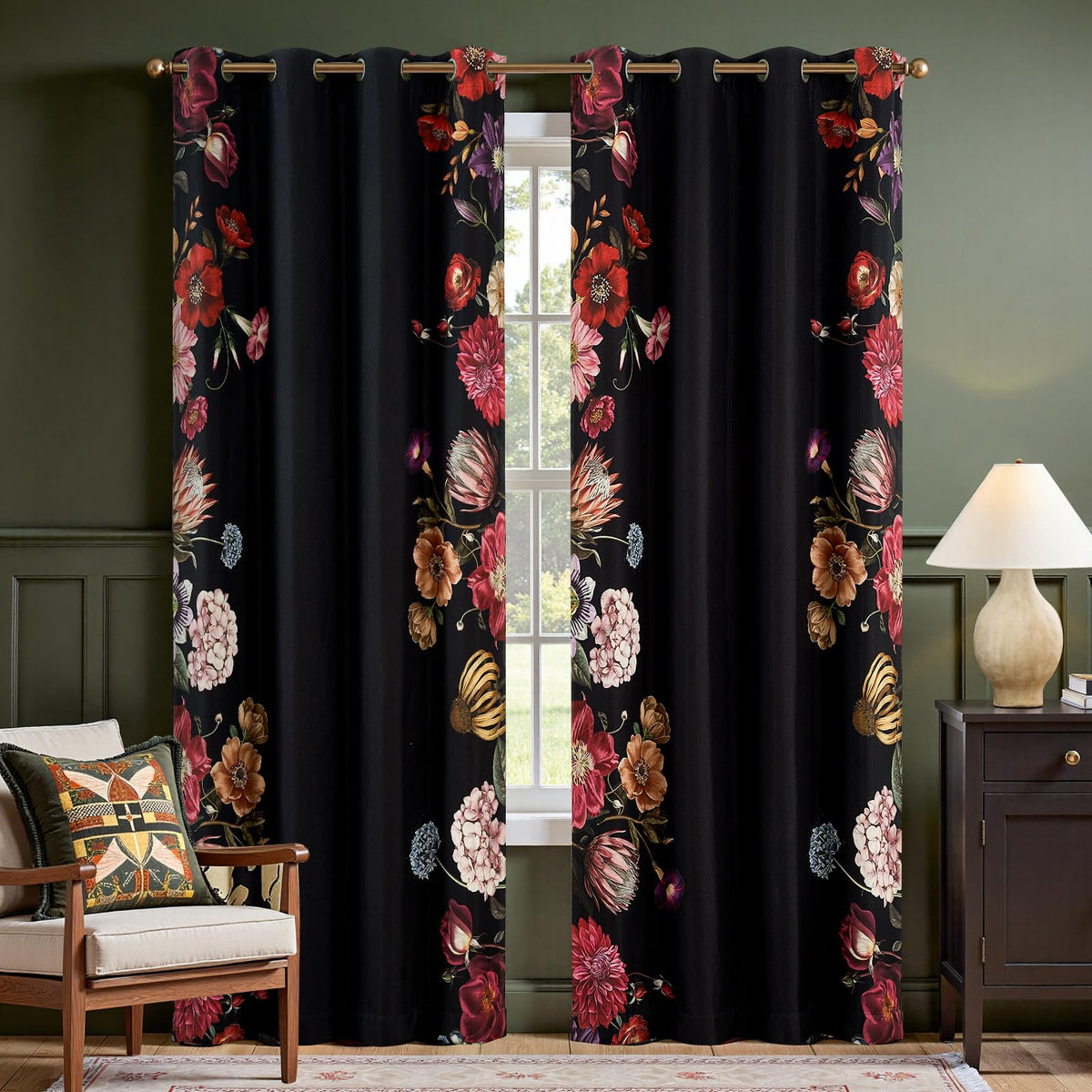 jinchan Black Boho Floral Blackout Curtains 84 Inch Grommet 2 Panels
