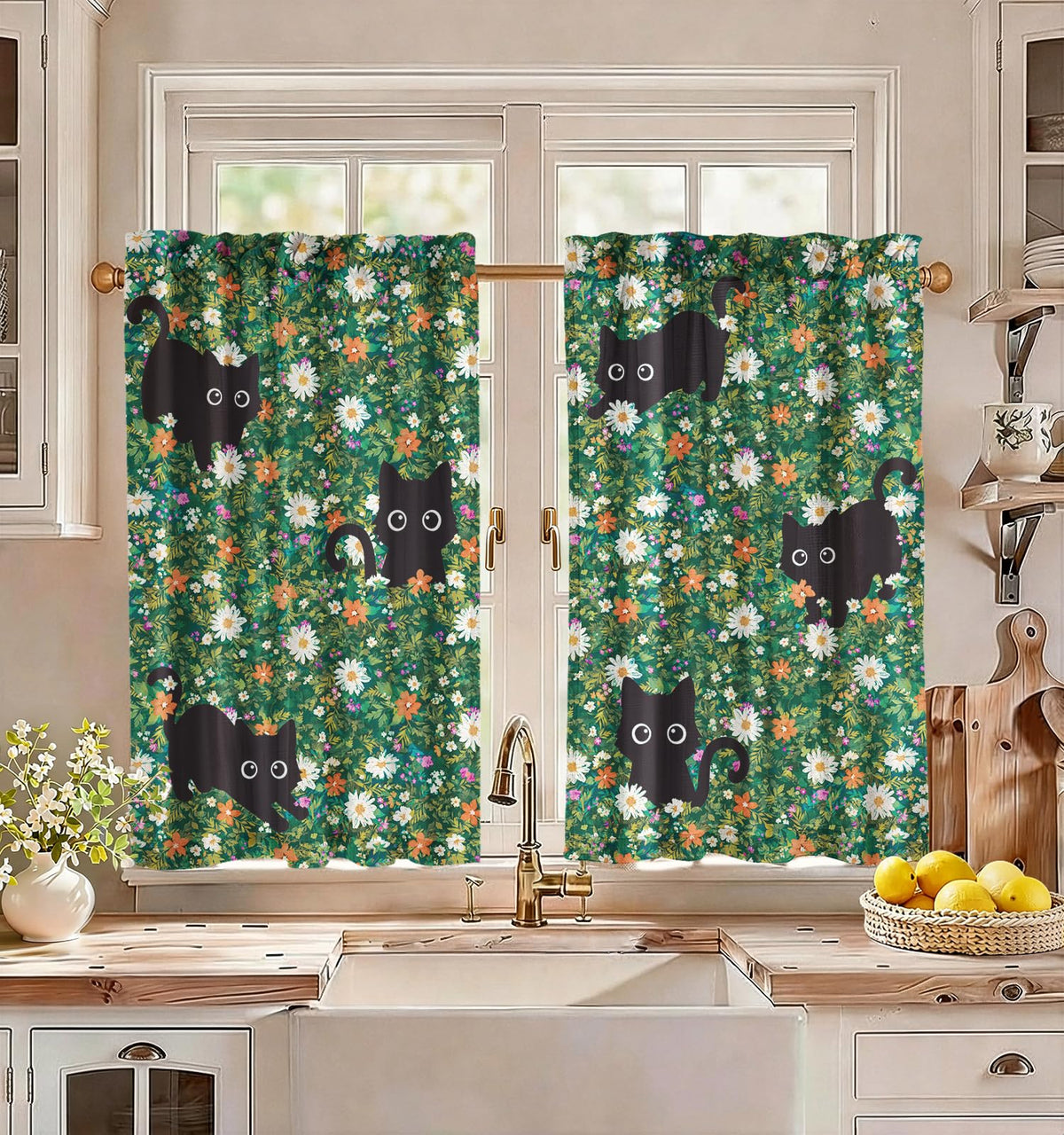 Miss Adola 36 Inch Length Kitchen Tier Curtains, Floral Cat