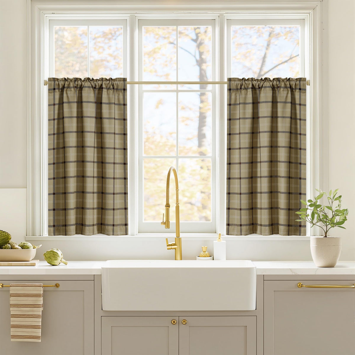 NICETOWN Olive Green Farmhouse Gingham Tiers Kitchen 100% Blackout Curtains