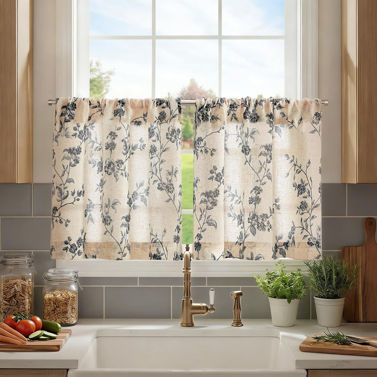 jinchan Floral Linen Kitchen Tier Curtains, 36 Inch, 2 Panels, Taupe