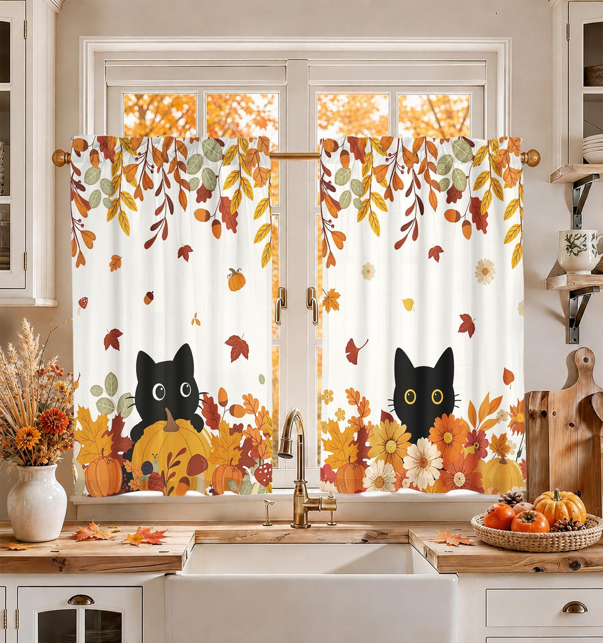 Miss Adola 36 Inch Length Kitchen Tier Curtains, Floral Cat