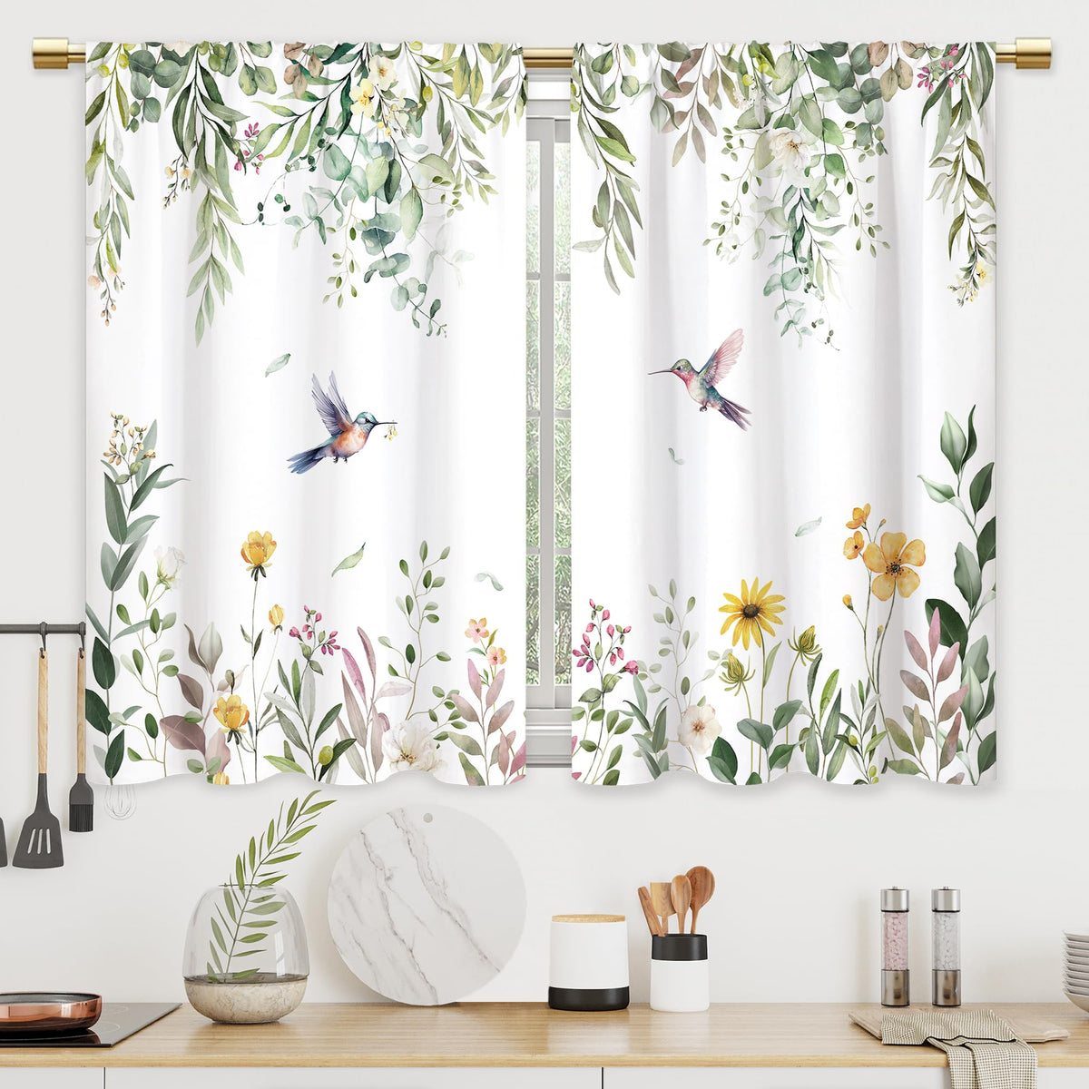 Colorful Leaves Kitchen Curtains Boho Botanical Bathroom Curtains Window Treatment Drapes Tier Flower Floral Cafe Small Bedroom Short French Door Curtains Rod Pocket 2 Panels 27.5x39 Inch