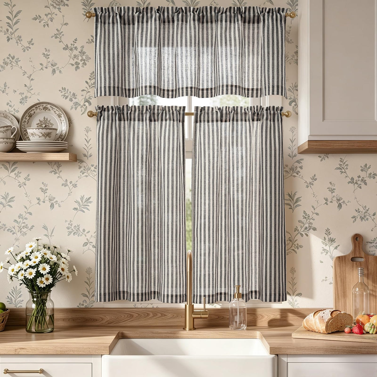 jinchan Sage Green Linen Kitchen Curtains and Valance Set Rod Pocket