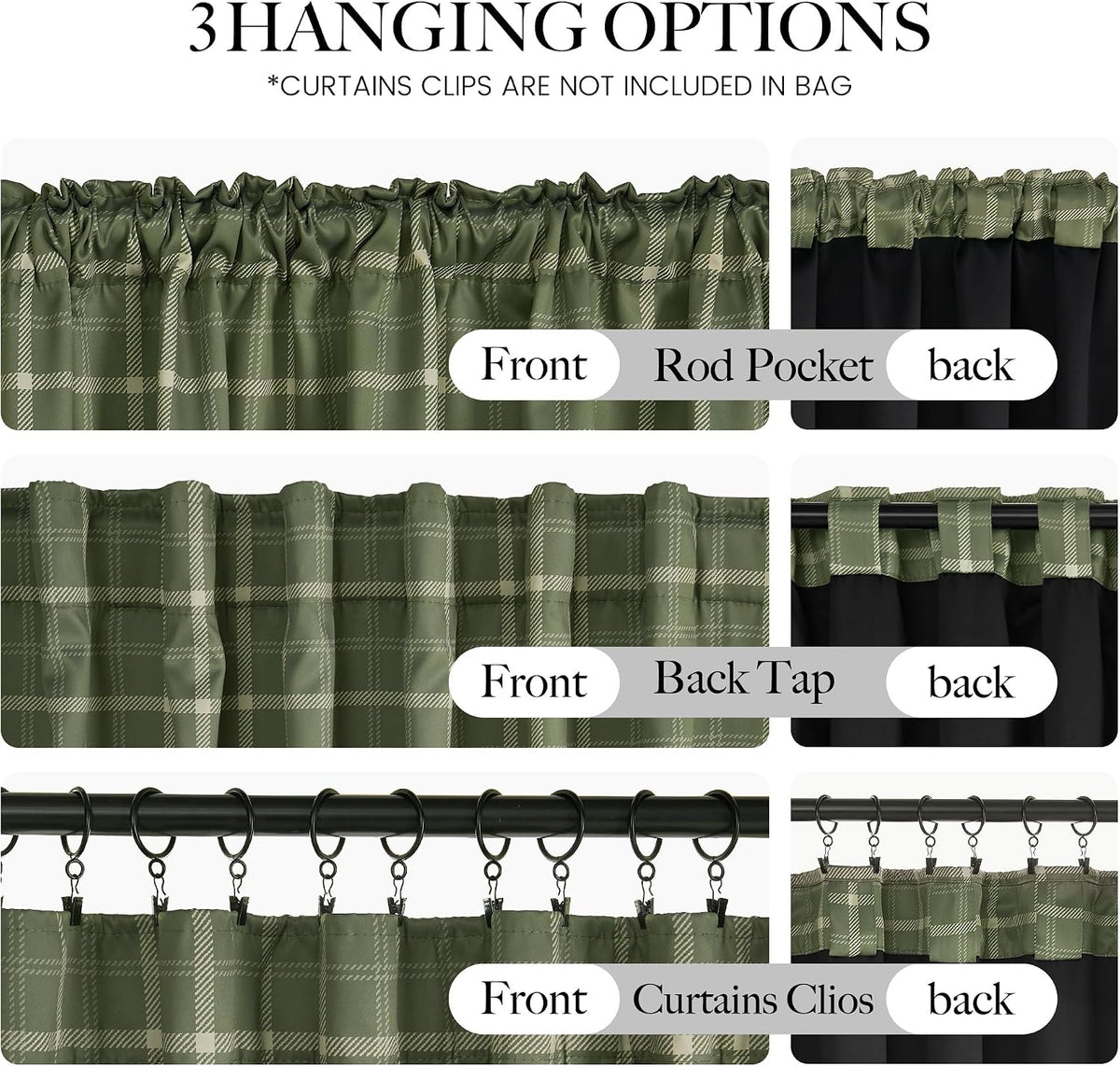 NICETOWN Olive Green Farmhouse Gingham Tiers Kitchen 100% Blackout Curtains
