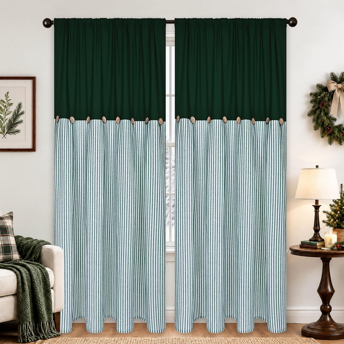 ASPMIZ Cotton Linen Kitchen Valance Curtains, Boho Rustic Button Linen Valances for Windows Farmhouse, Black with Grey Stripe Valance Window Topper Treatment Window Valances for Bathroom, 52 x 18 Inch