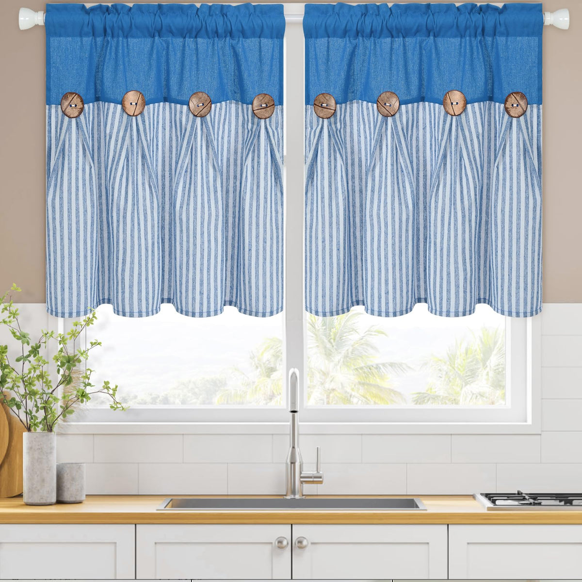 ASPMIZ Cotton Linen Kitchen Valance Curtains, Boho Rustic Button Linen Valances for Windows Farmhouse, Black with Grey Stripe Valance Window Topper Treatment Window Valances for Bathroom, 52 x 18 Inch