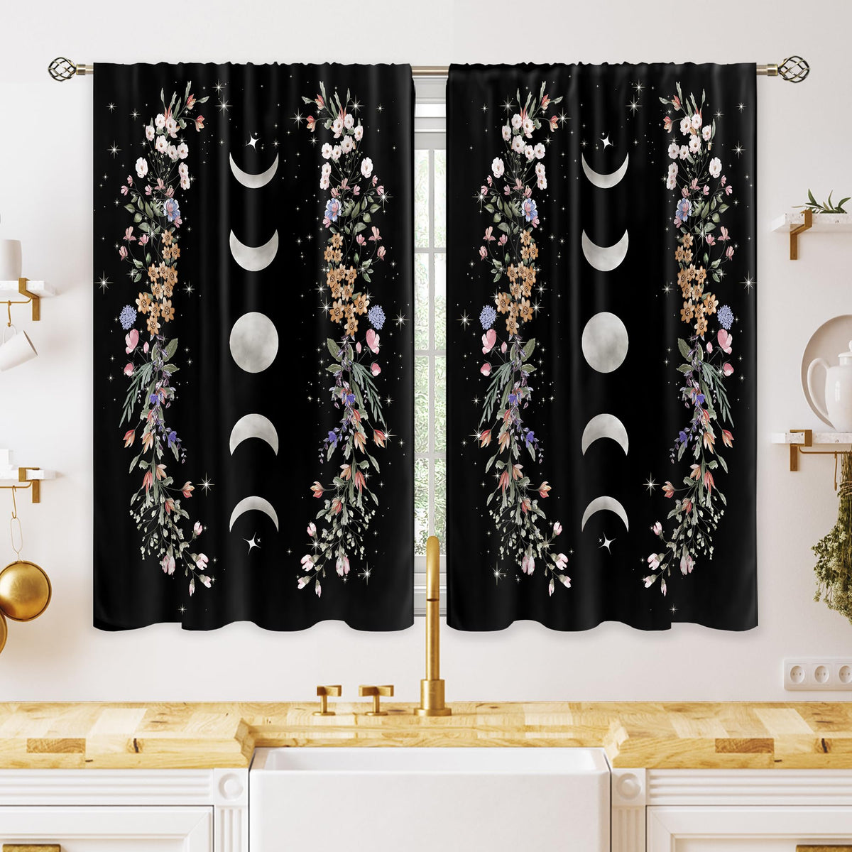 Green Boho Flower Small Kitchen Curtains Flower Plant Window Treatment Botanical Herb Chic Rod Pocket Cafe Short Window Curtains for Bathroom Dining Room Tier Treatment Drapes 27.5x39 inch