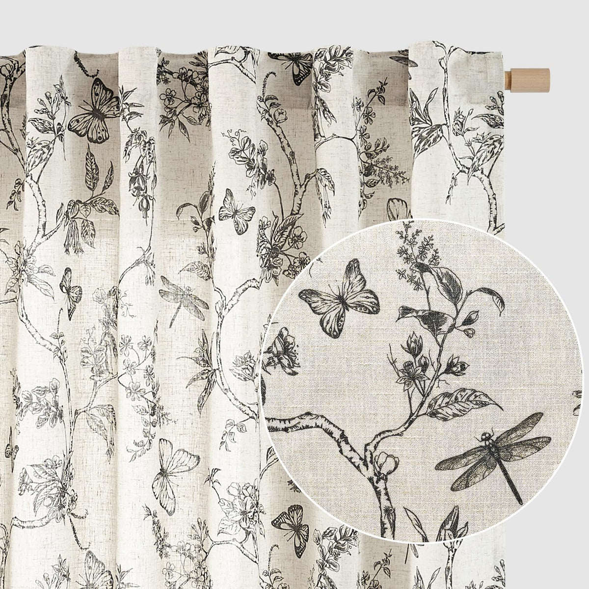 Lazzzy Green Floral Linen Curtains Farmhouse Rod Pocket 50W X 84L 2 Panels