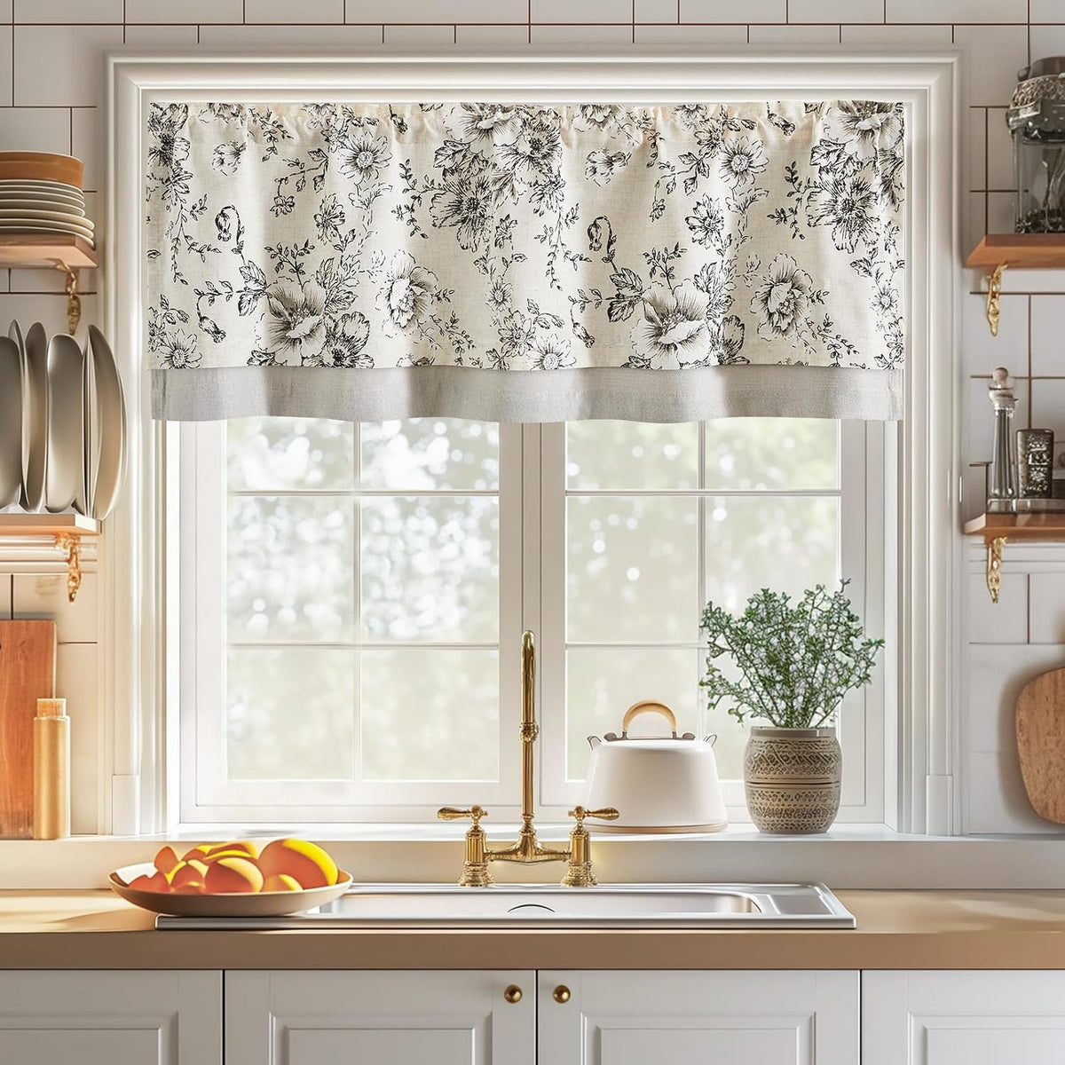 jinchan Floral Linen Kitchen Valance Curtain, 50x16, 1 Panel, Black
