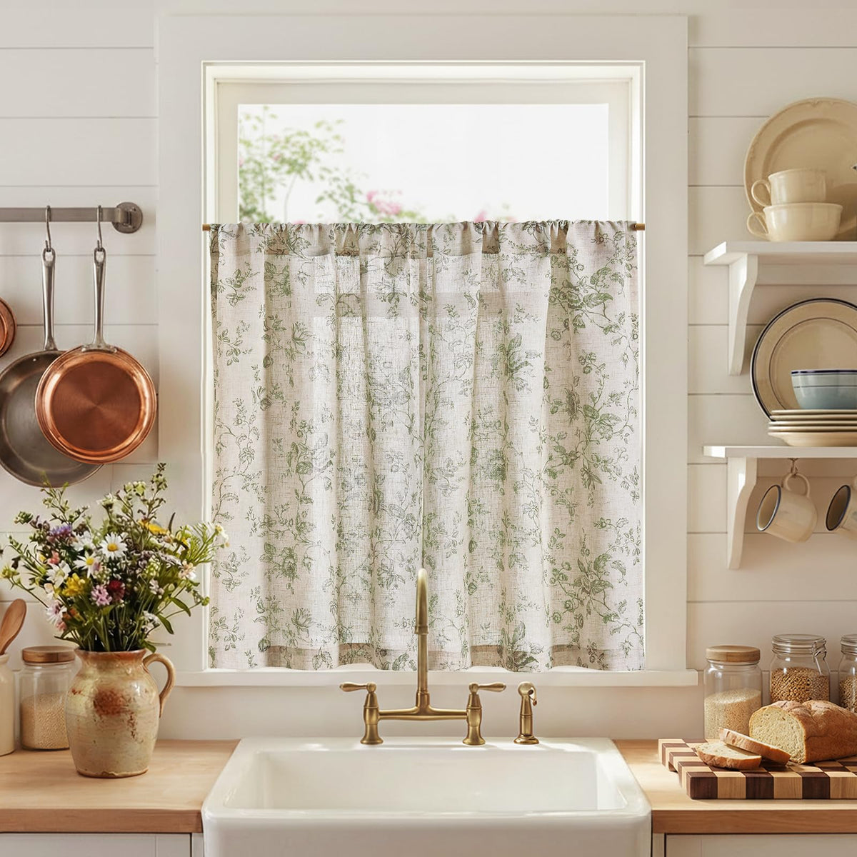 jinchan Floral Linen Kitchen Tier Curtains, 36 Inch, 2 Panels, Taupe