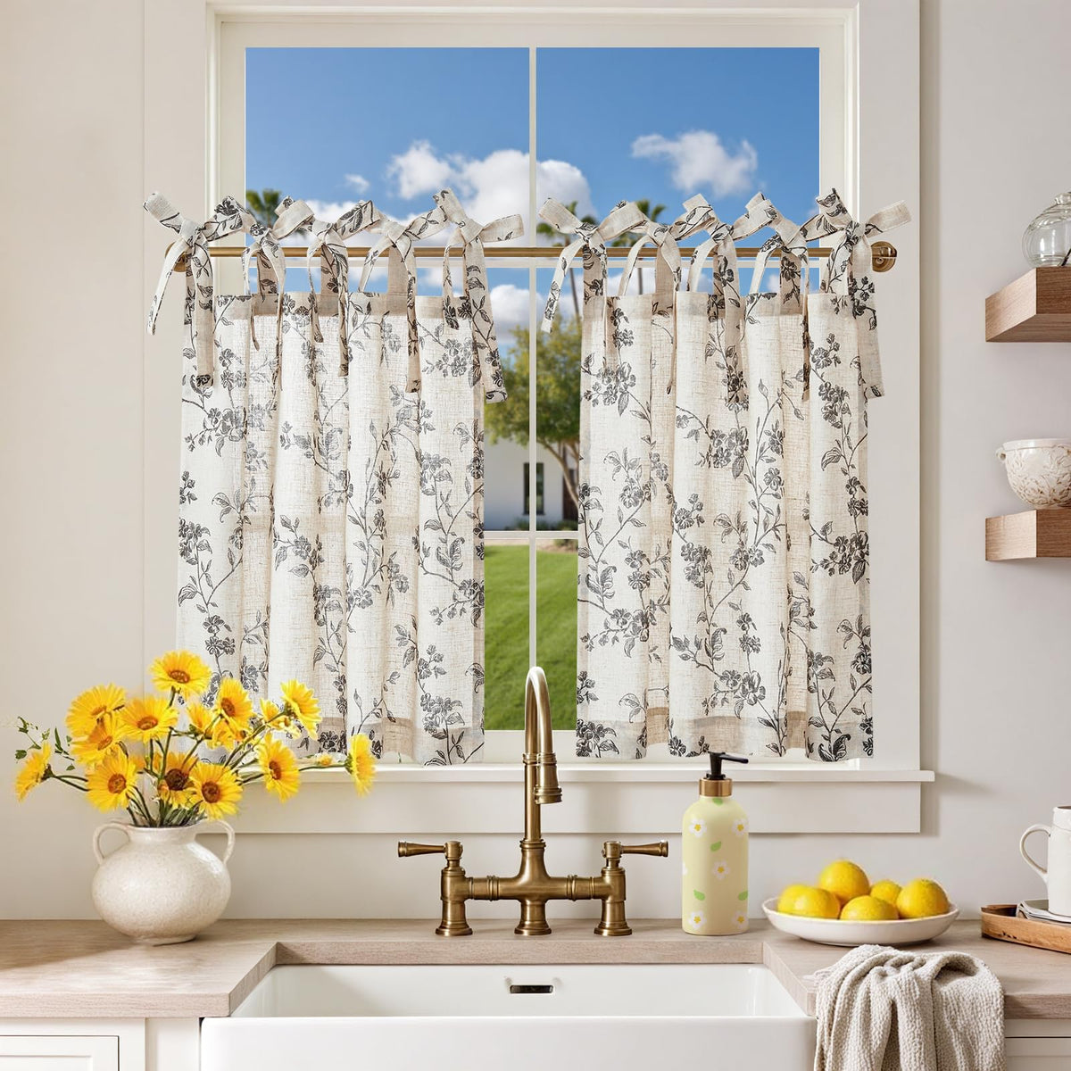 jinchan Solid Linen Kitchen Tier Curtains 24 Inches Tie Top 2 Panles Crude