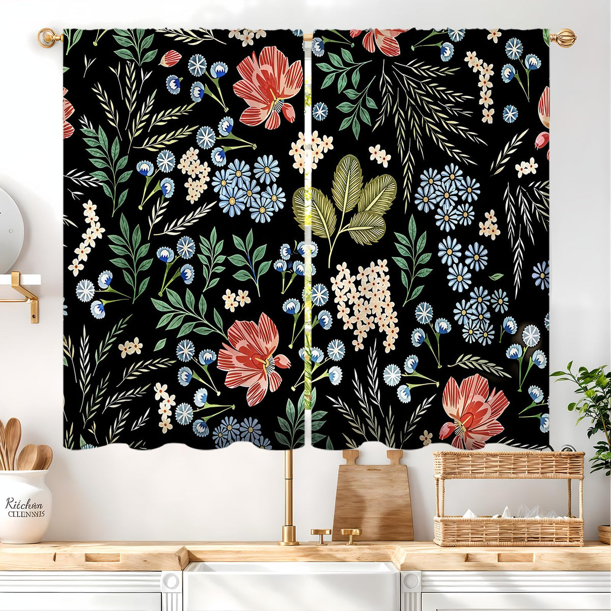 Yellow Sunflower Kitchen Curtains 42W X 63L Inch 2 Panels Rod Pocket Country Rustic Floral Flower Butterfly Farmhouse Over Sink Small Short Cafe Tier Window Treatment Bathroom Decor