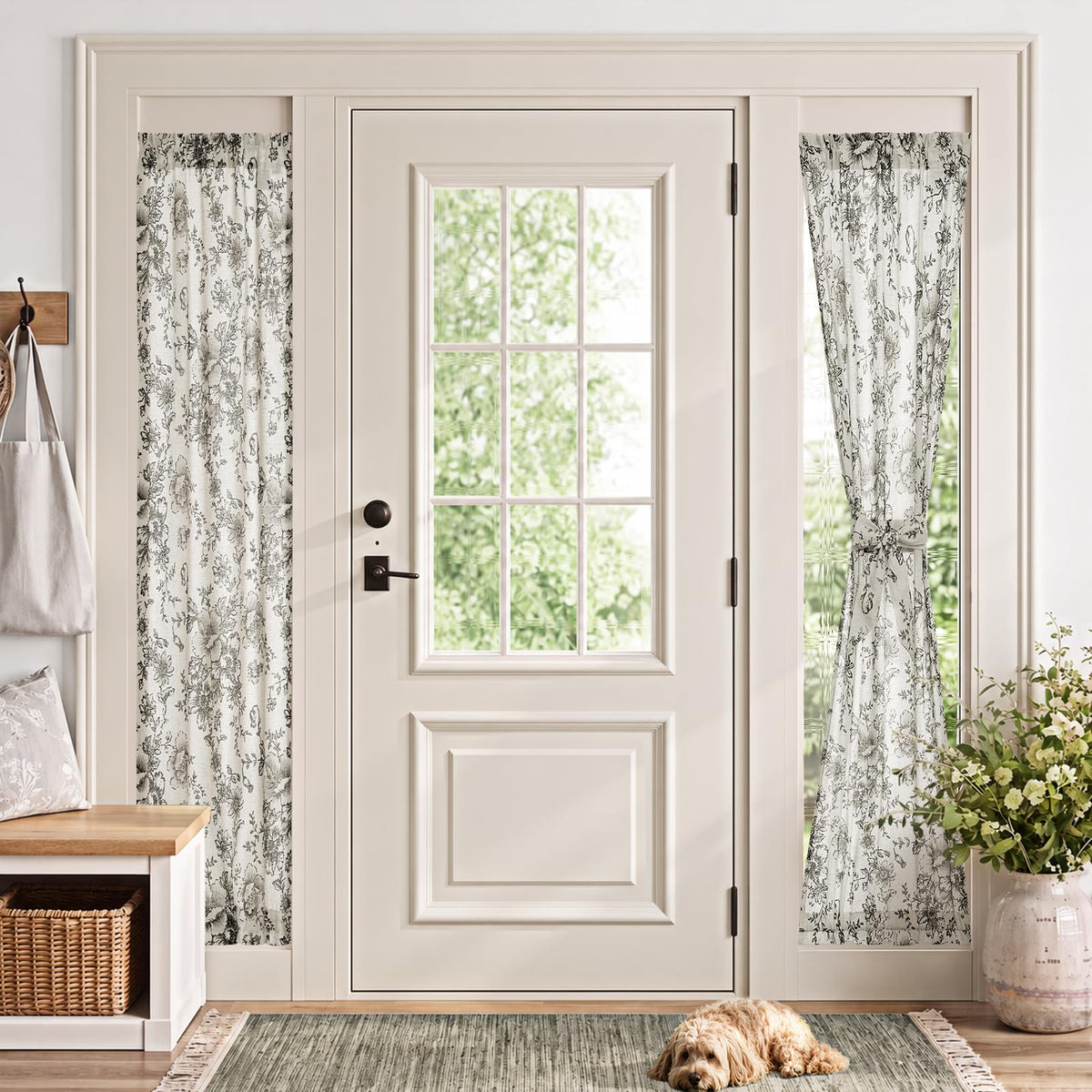 jinchan Blue Linen Floral French Door Curtain 40 Inch Rod Pocket 1 Panel
