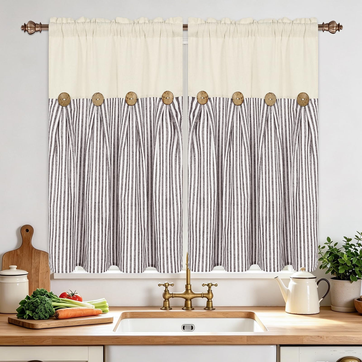 BLEUM CADE Farmhouse Kitchen Curtains 36 Inch, Cotton Linen Cafe Curtains with Rustic Buttons, Boho Small Window Curtains for Bathroom, Green Stripe Half Window Drapes Over Sink, 2 Panels