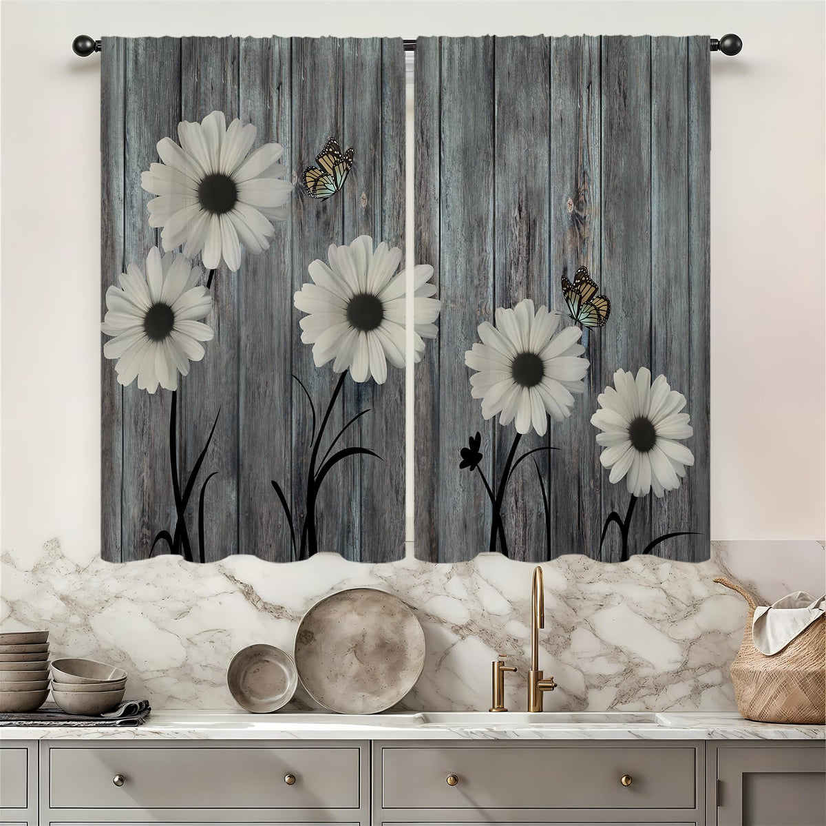 Yellow Sunflower Kitchen Curtains 42W X 63L Inch 2 Panels Rod Pocket Country Rustic Floral Flower Butterfly Farmhouse Over Sink Small Short Cafe Tier Window Treatment Bathroom Decor