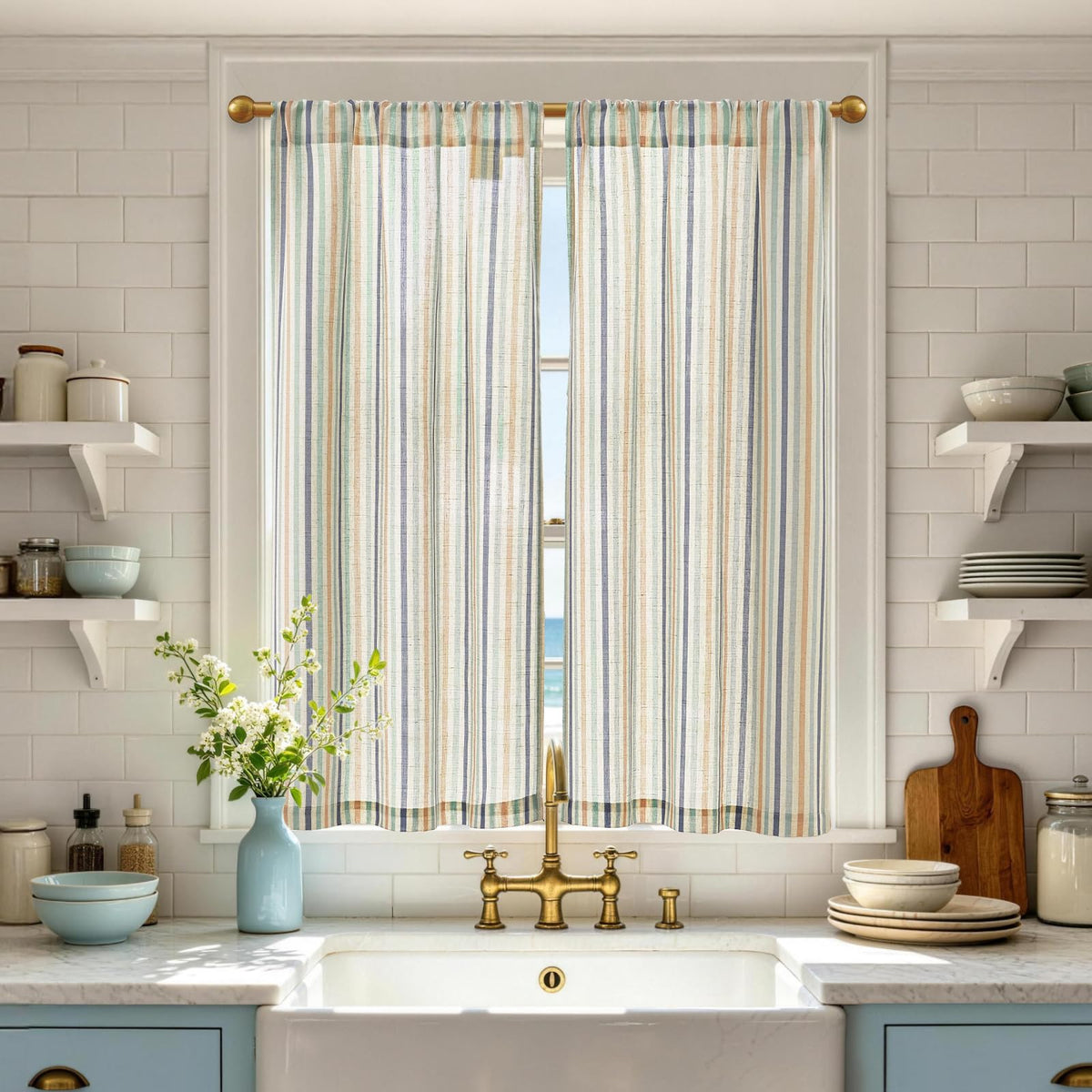 jinchan Striped Linen Kitchen Tier Curtains, 30 Inch, Sage Green, 2 Panels