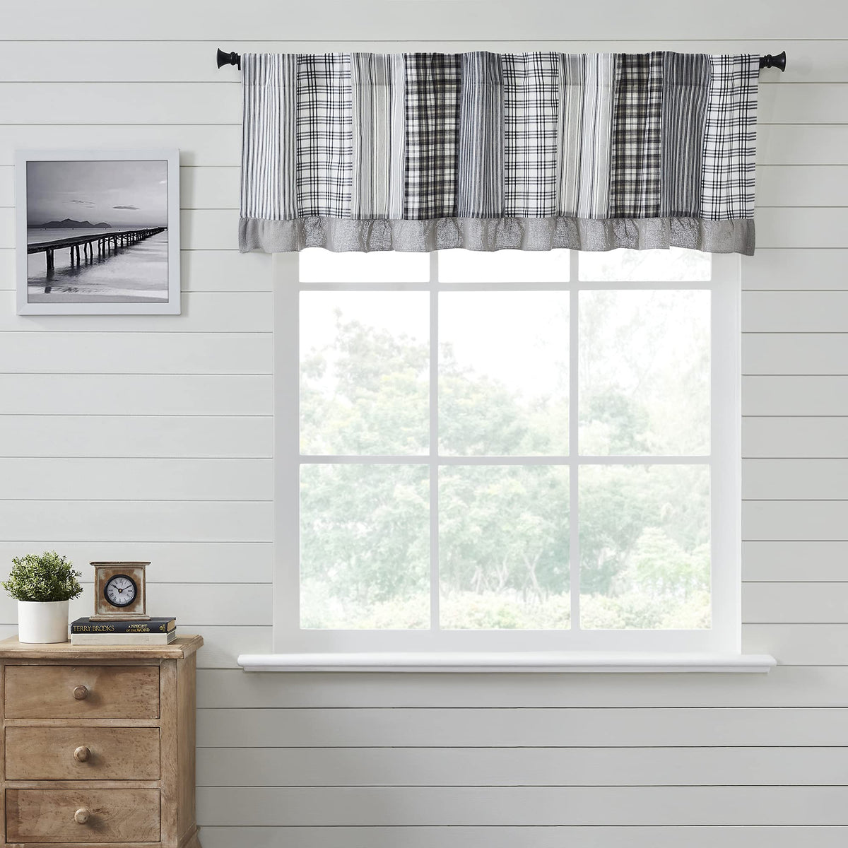 VHC Brands Sawyer Mill Curtain, Panel 63x36, Charcoal Khaki Tan