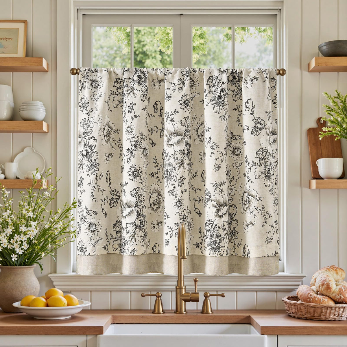 jinchan Hattie Floral Linen Kitchen Tier Curtains Beige 36 in 2 Panels