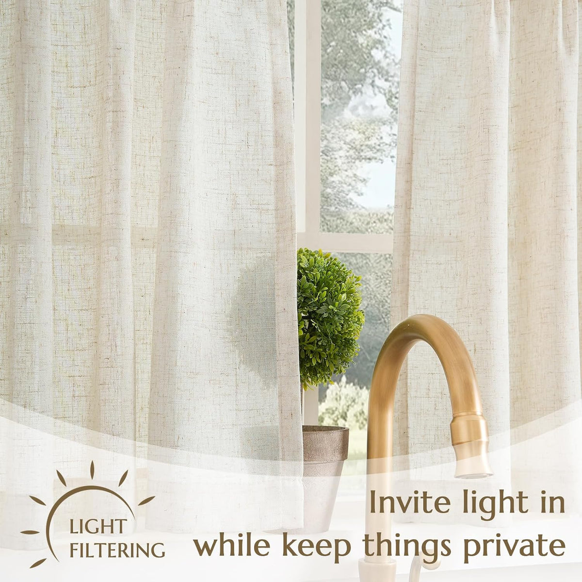 jinchan Linen Pinch Pleated Back Tab Tier Curtains, 26x36, Natural