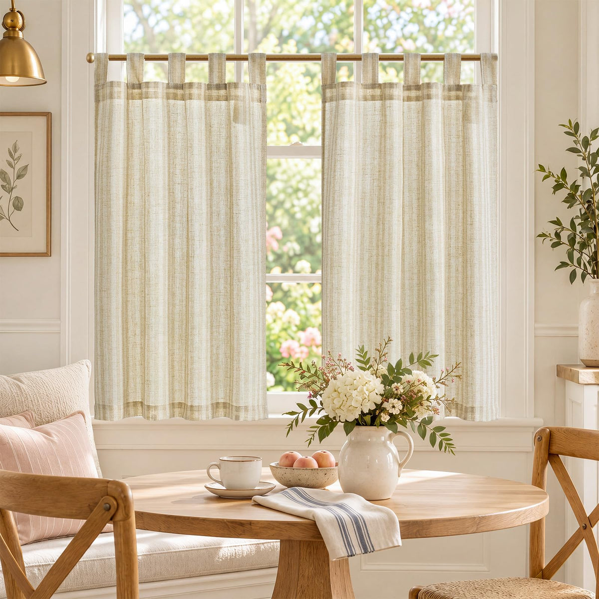 jinchan Striped Linen Kitchen Tier Curtains, 20 Inch, Tan, 2 Panels