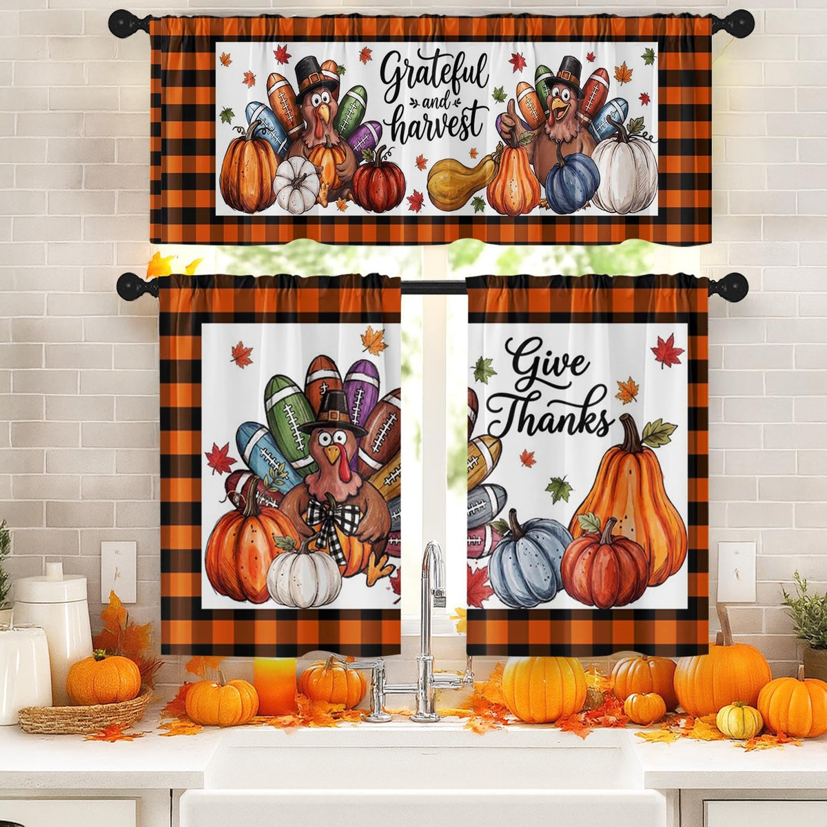Arttown Fall Kitchen Curtains Sets for Windows, Pumpkin, 52x36 Inch
