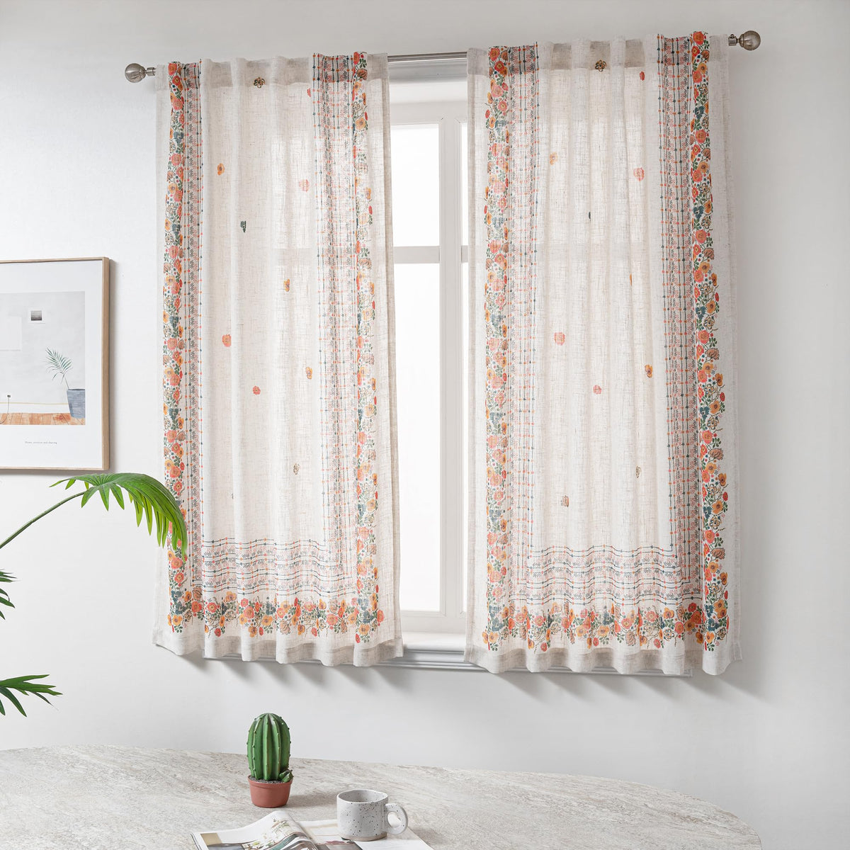 MYSKY HOME Floral Linen Kitchen Tier Curtains 36 Inch Long 2 Panels