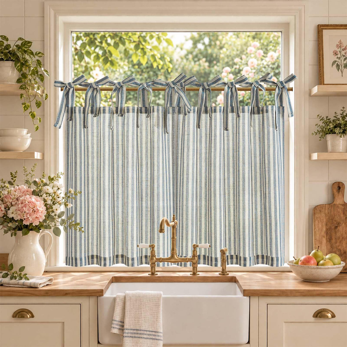 jinchan Striped Linen Kitchen Tier Curtains, 30 Inch, Sage Green, 2 Panels