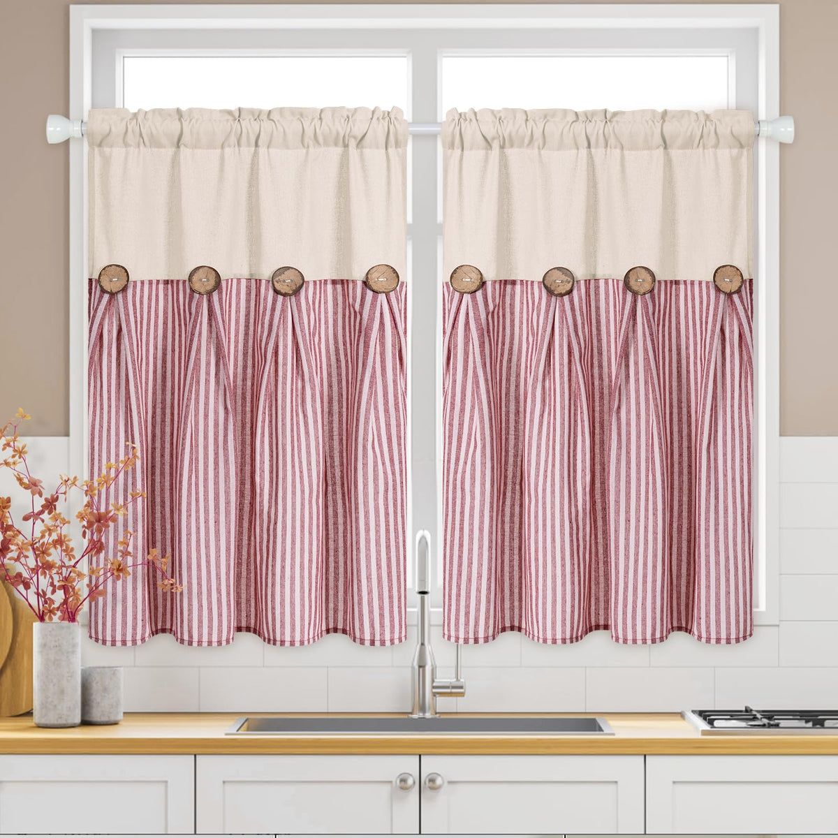 ASPMIZ Cotton Linen Kitchen Valance Curtains, Boho Rustic Button Linen Valances for Windows Farmhouse, Black with Grey Stripe Valance Window Topper Treatment Window Valances for Bathroom, 52 x 18 Inch