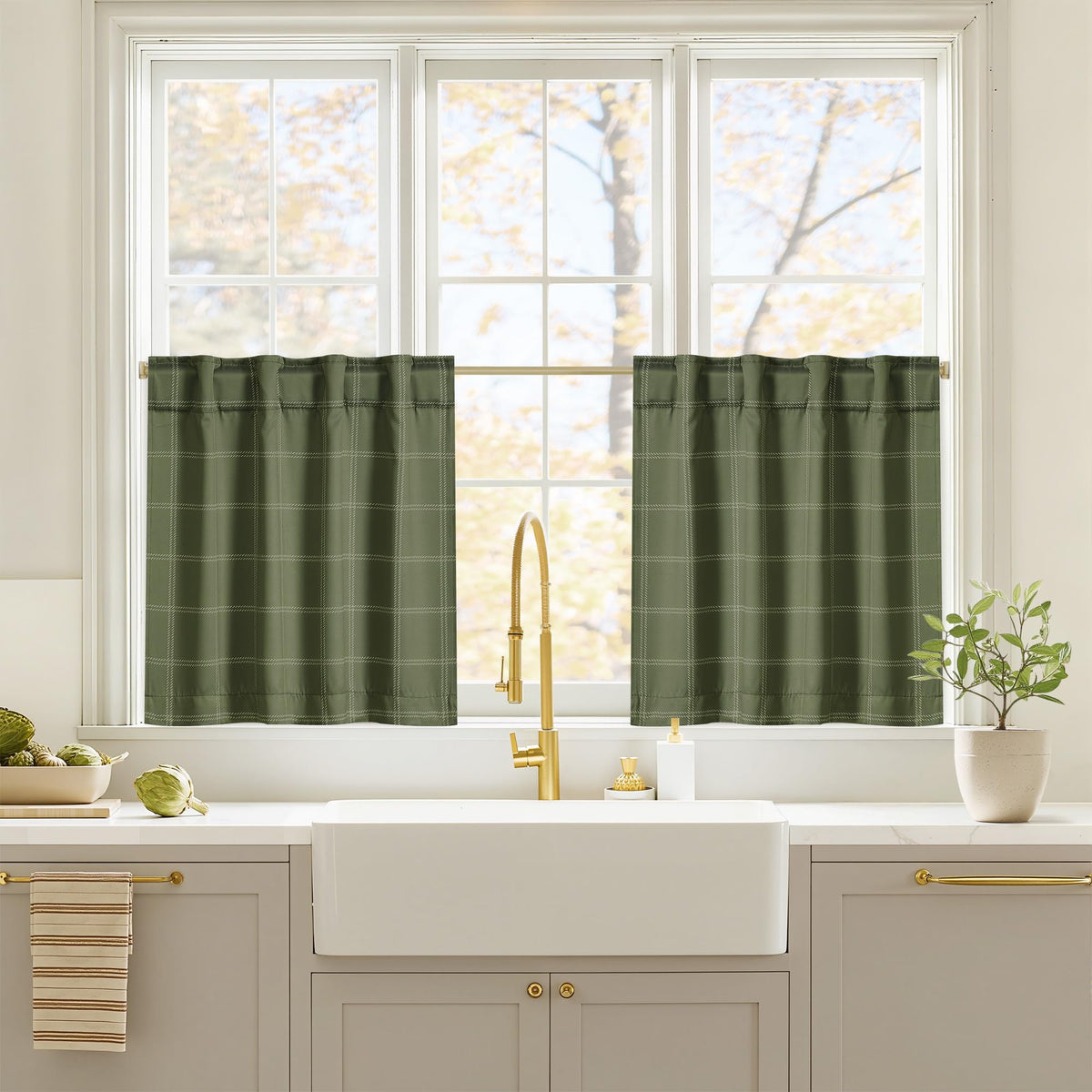 NICETOWN Olive Green Farmhouse Gingham Tiers Kitchen 100% Blackout Curtains