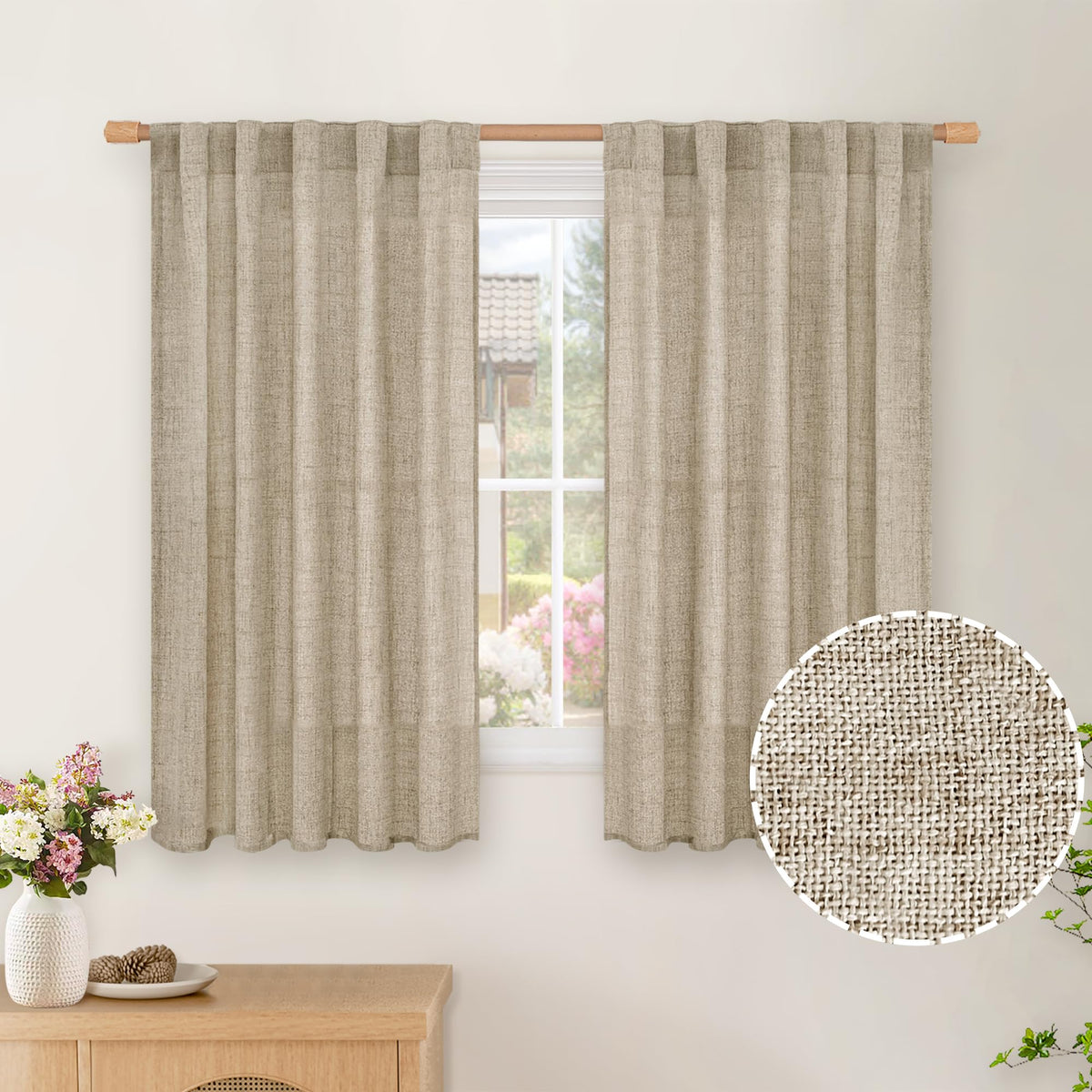 BGment White Linen Kitchen Curtains 40 Inch Length for Short Window