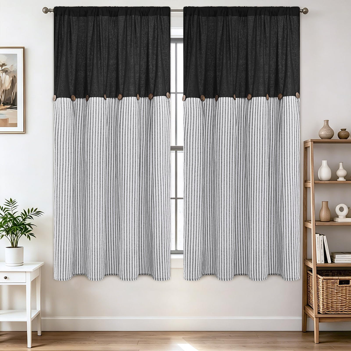 BLEUM CADE Farmhouse Kitchen Curtains 36 Inch, Cotton Linen Cafe Curtains with Rustic Buttons, Boho Small Window Curtains for Bathroom, Green Stripe Half Window Drapes Over Sink, 2 Panels