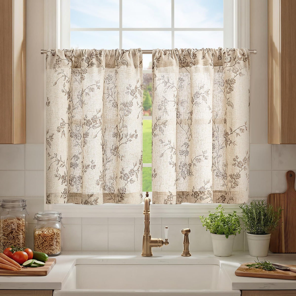 jinchan Floral Linen Kitchen Tier Curtains, 36 Inch, 2 Panels, Taupe
