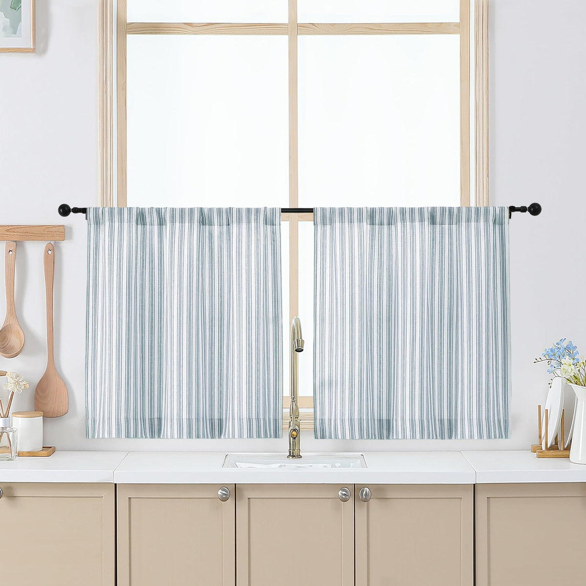 Chyhomenyc Striped Short Curtains 36 Inch Length - Light Filtering Faux Linen Living Room Tier Half Window Curtains, Farmhouse Modern Boho Curtain for Bathroom, 30Wx36L, 2 Pieces, Stone Blue