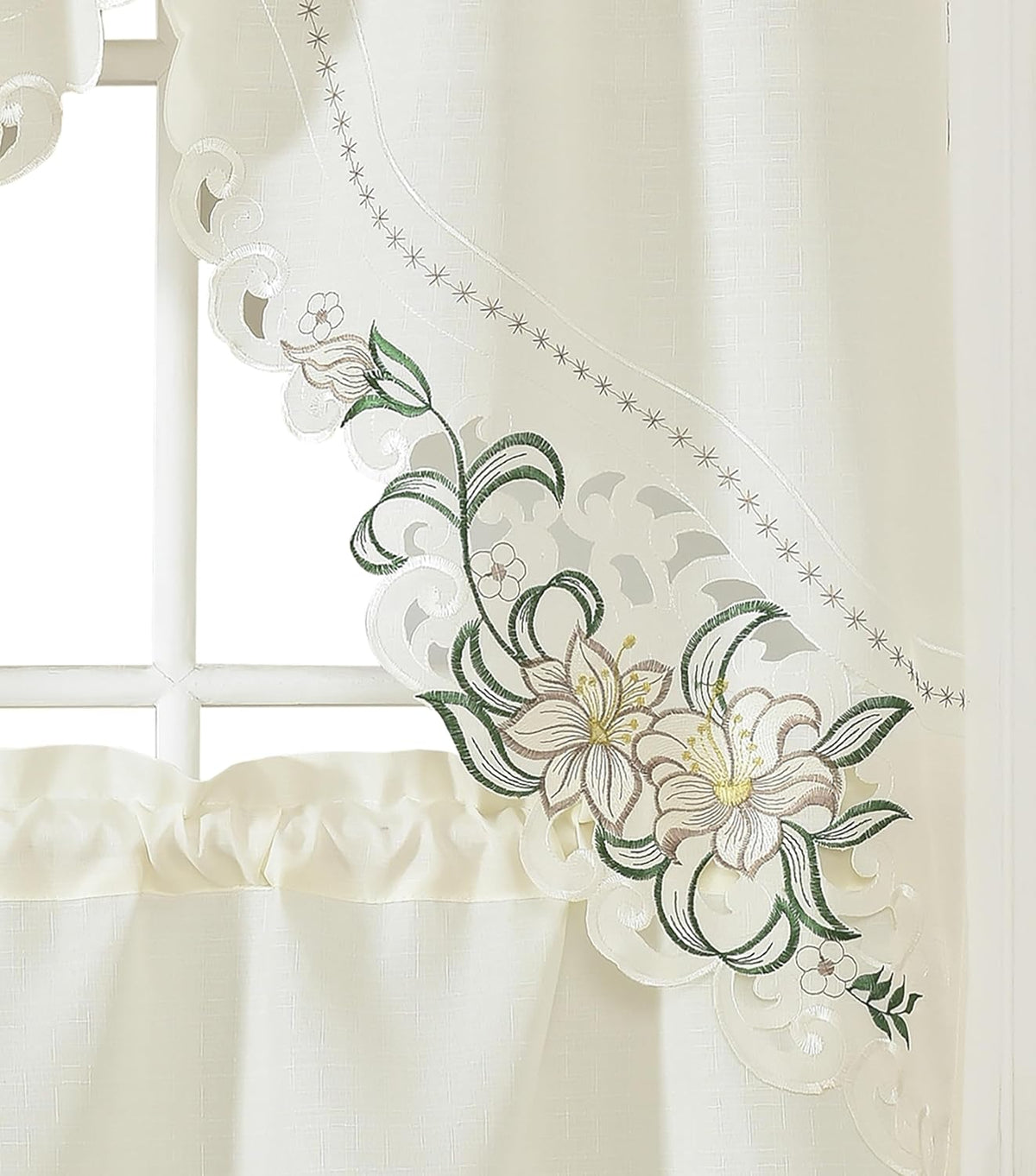 GOHD Lily Fragrance 3pcs Colorful Embroidery Kitchen Cafe Curtain Set.Beige