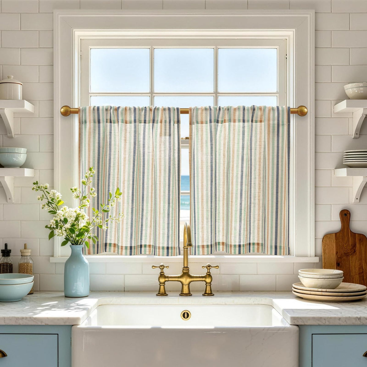 jinchan Striped Linen Kitchen Tier Curtains, 30 Inch, Sage Green, 2 Panels