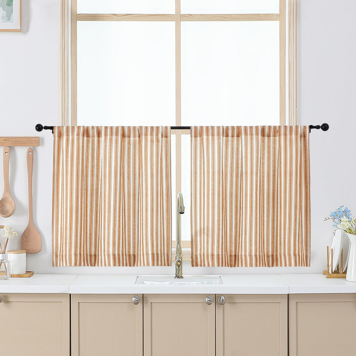 Chyhomenyc Striped Short Curtains 36 Inch Length - Light Filtering Faux Linen Living Room Tier Half Window Curtains, Farmhouse Modern Boho Curtain for Bathroom, 30Wx36L, 2 Pieces, Stone Blue
