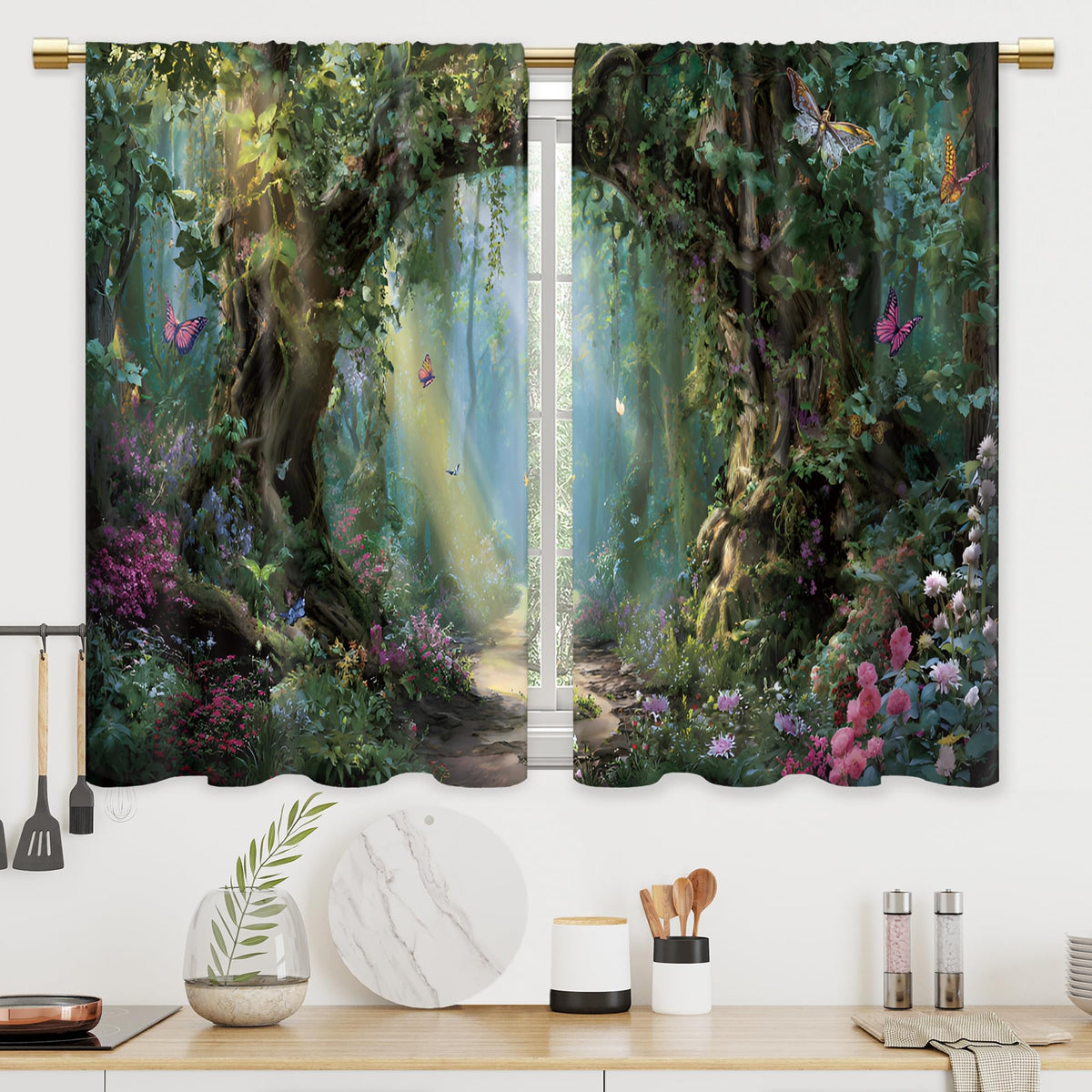 Colorful Leaves Kitchen Curtains Boho Botanical Bathroom Curtains Window Treatment Drapes Tier Flower Floral Cafe Small Bedroom Short French Door Curtains Rod Pocket 2 Panels 27.5x39 Inch