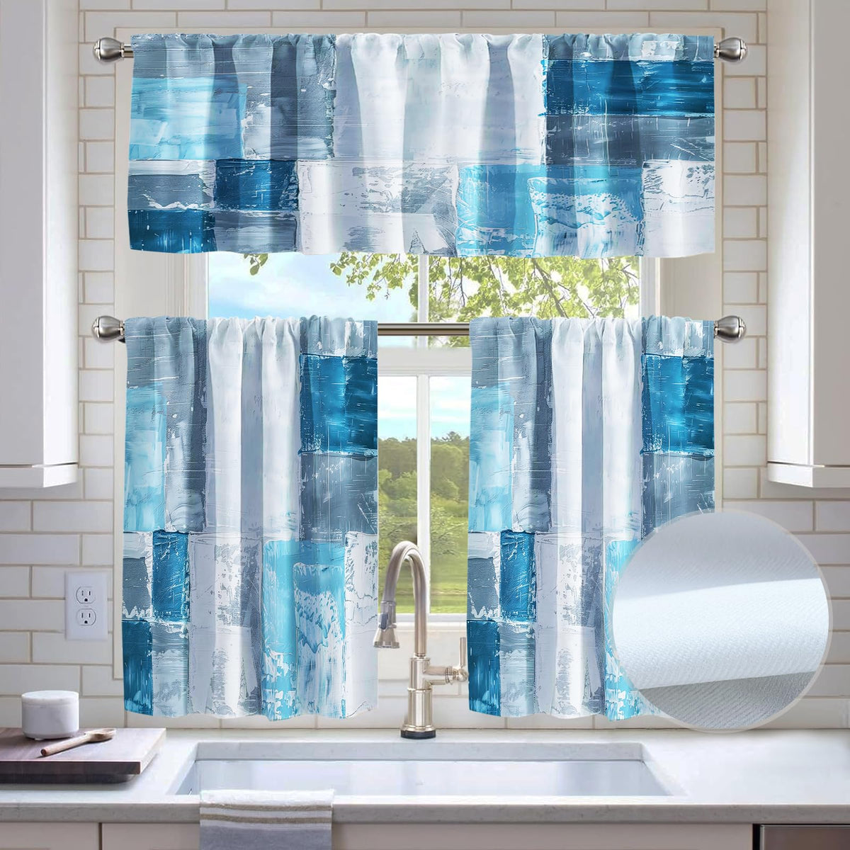 Kitchen Curtains Sets for Windows,52x36 Inch 3 Piece,Green Marble