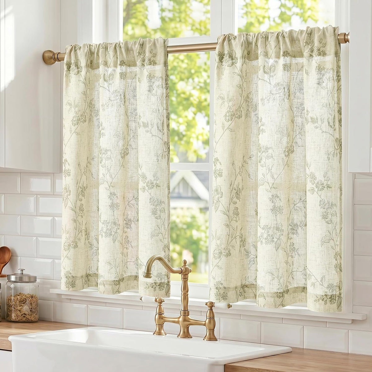 Lazzzy Green Vintage Floral Linen Curtains Farmhouse 26W X 36L 2 Panels