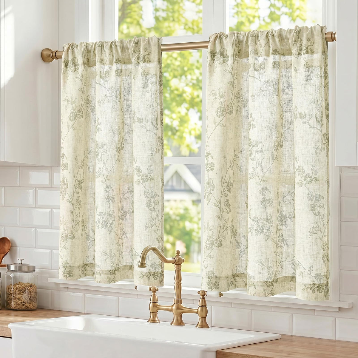 Lazzzy Green Vintage Floral Linen Curtains Farmhouse 26W X 36L 2 Panels
