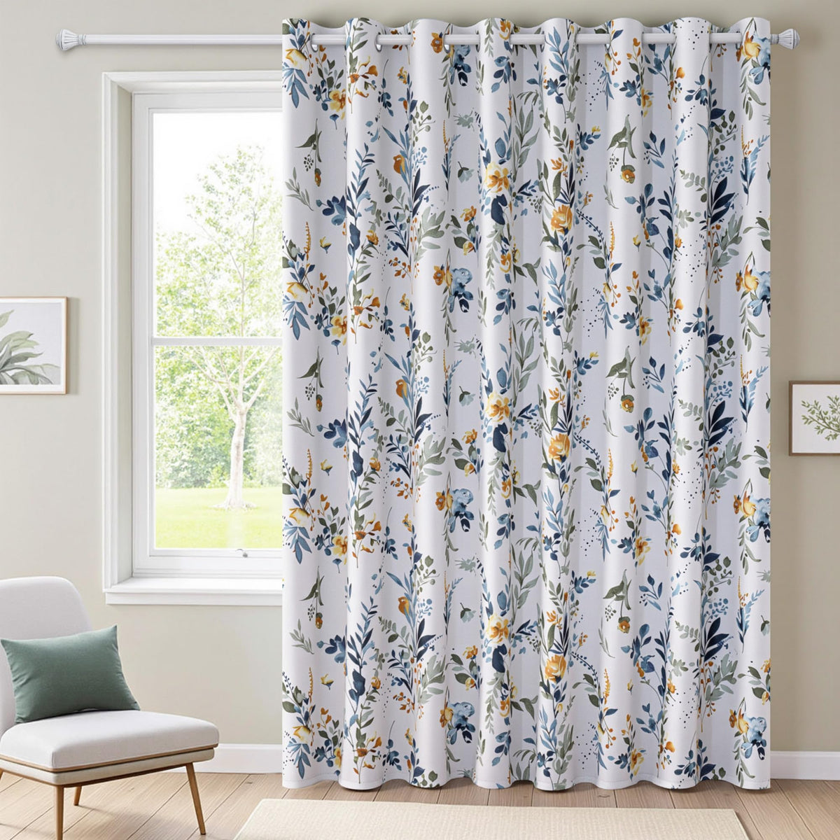 MYSKY HOME Floral Blackout Curtains 45 inch Length 2 Panels Yellow and Blue
