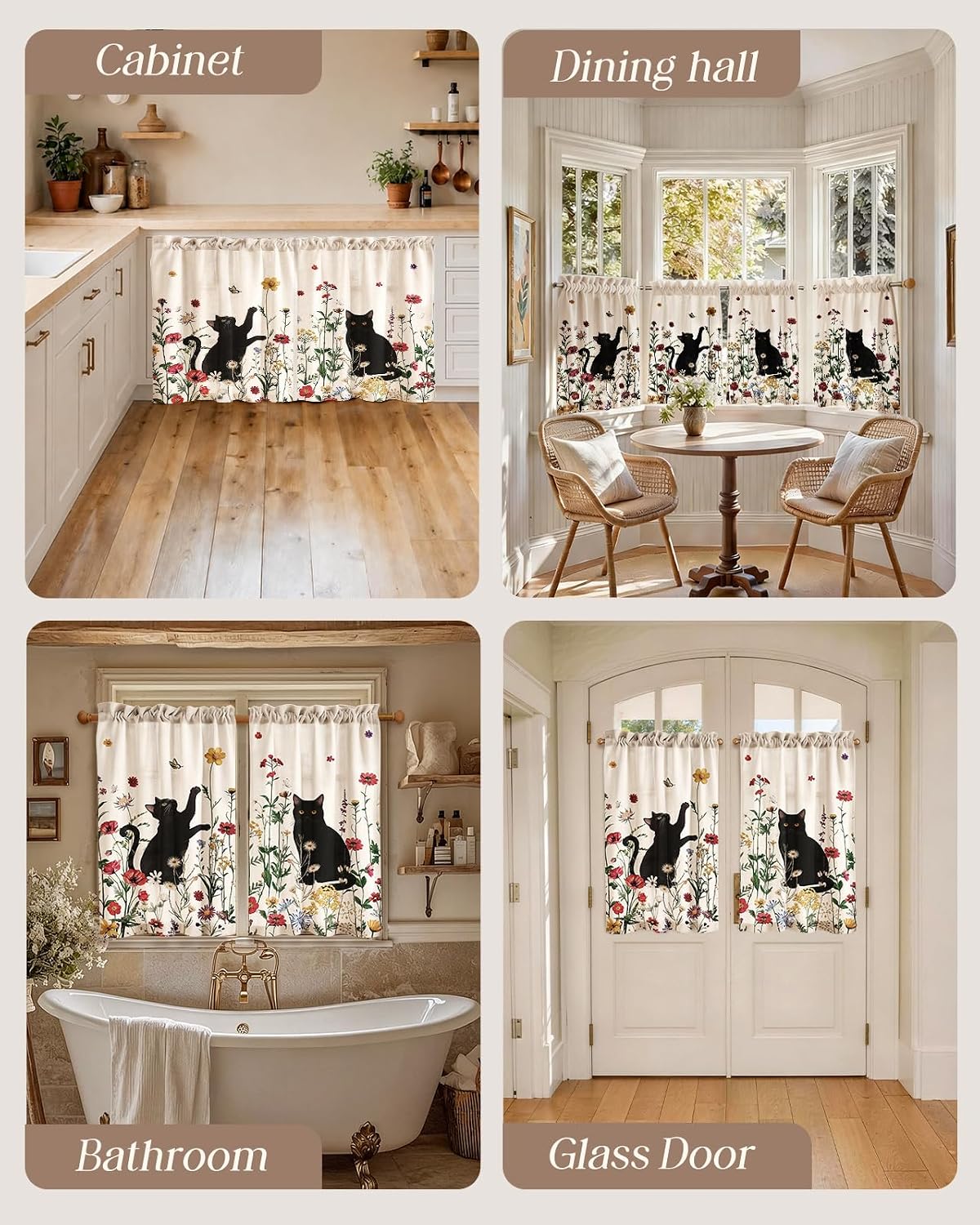 Miss Adola 36 Inch Length Kitchen Tier Curtains, Floral Cat
