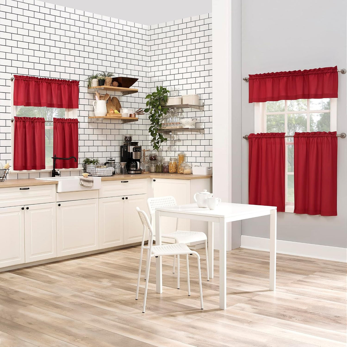 No. 918 Martine Microfiber Semi-Sheer Rod Pocket Kitchen Curtain Valance and Tiers Set, 54" x 36", Red