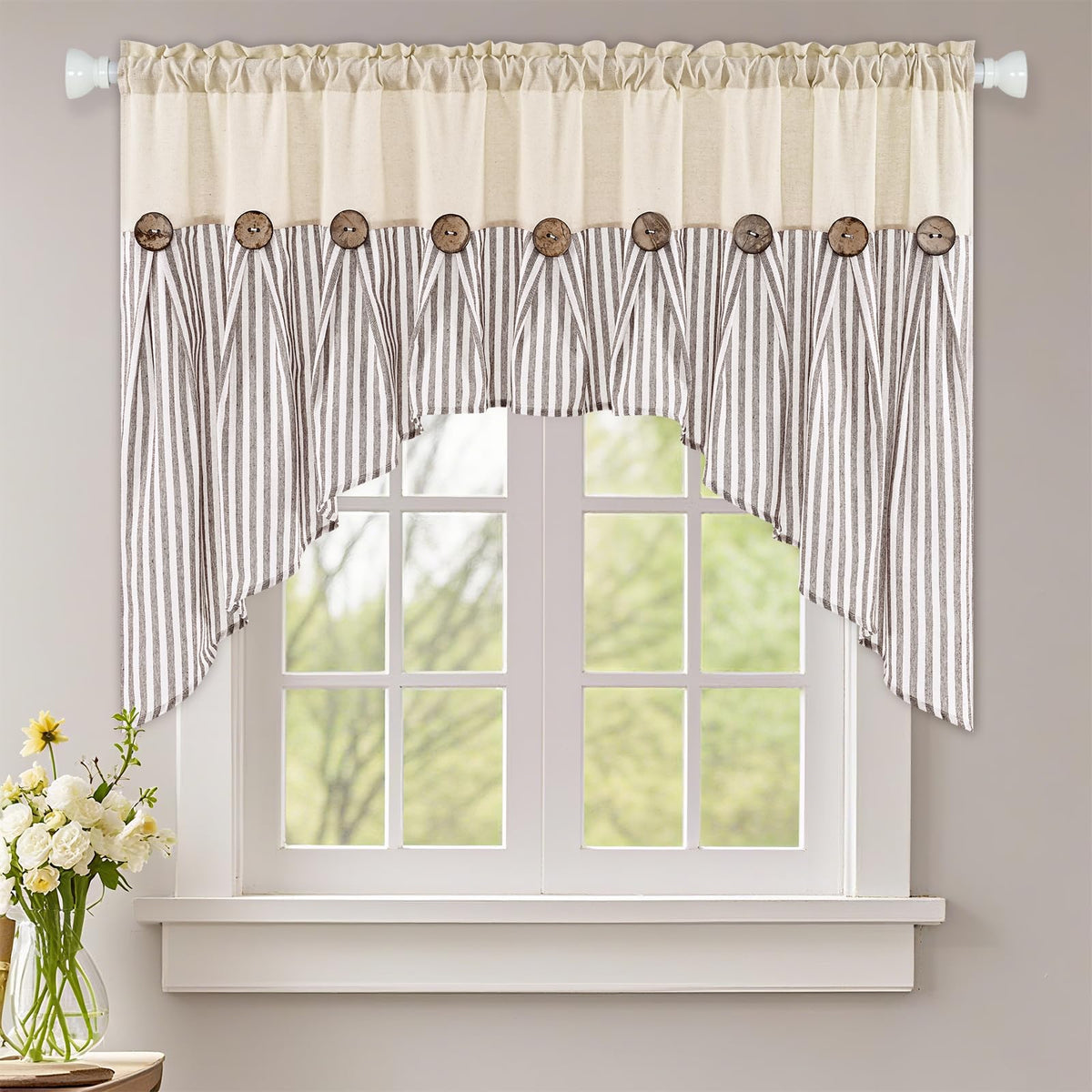 ASPMIZ Cotton Linen Kitchen Valance Curtains, Boho Rustic Button Linen Valances for Windows Farmhouse, Black with Grey Stripe Valance Window Topper Treatment Window Valances for Bathroom, 52 x 18 Inch