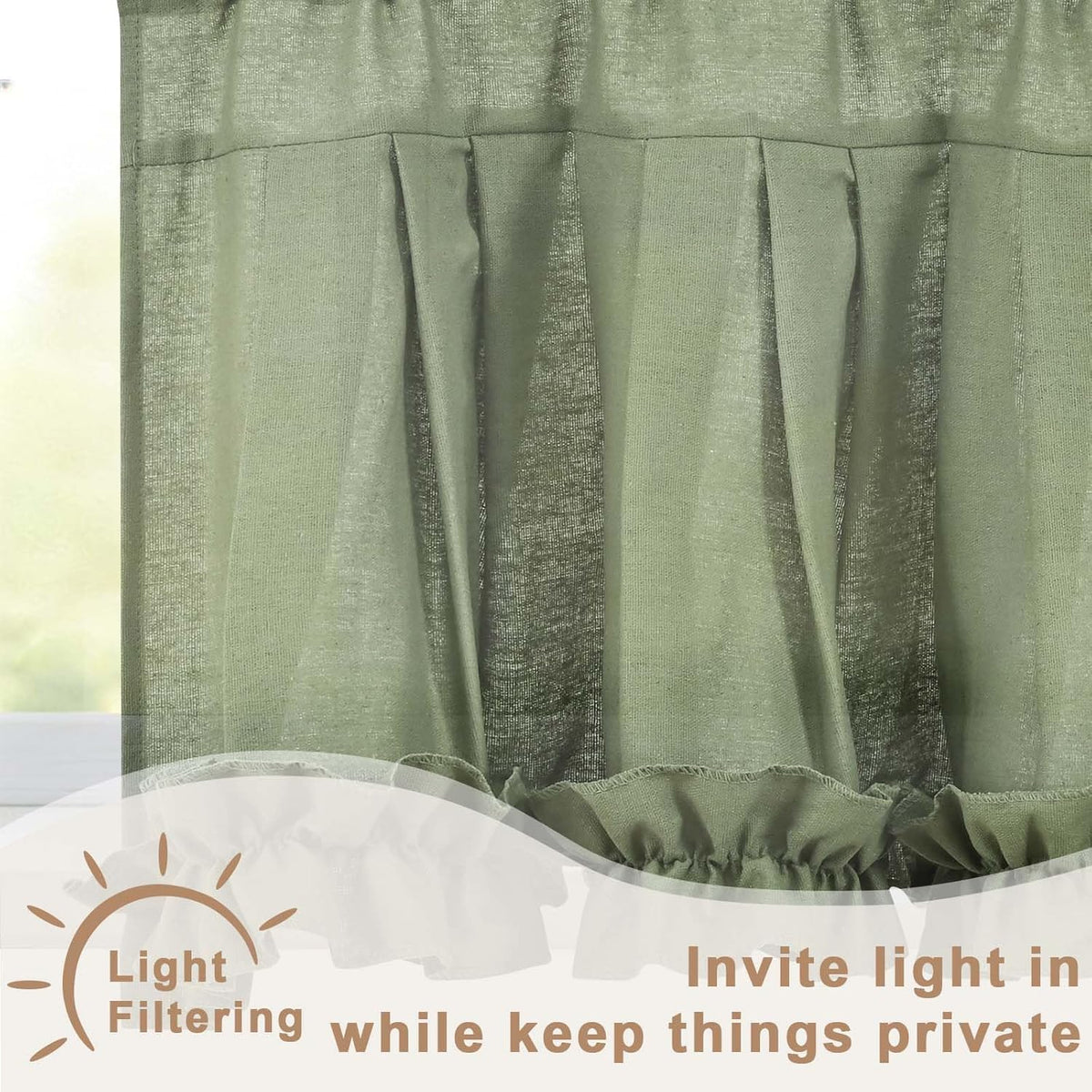 Likiyol Linen Valances for Windows Farmhouse Ruffle Swag Valance Rustic Country Window Valances Light Filtering Kitchen Curtains Rod Pocket Valance Curtains for Bathroom Cafe, Green, 60" W x 36" L
