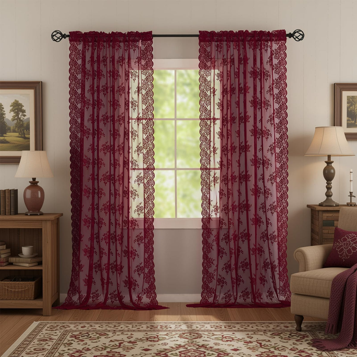 Kotile Short Beige Lace Curtains for Kitchen Windows W42xL45 Inch, 2 Panels