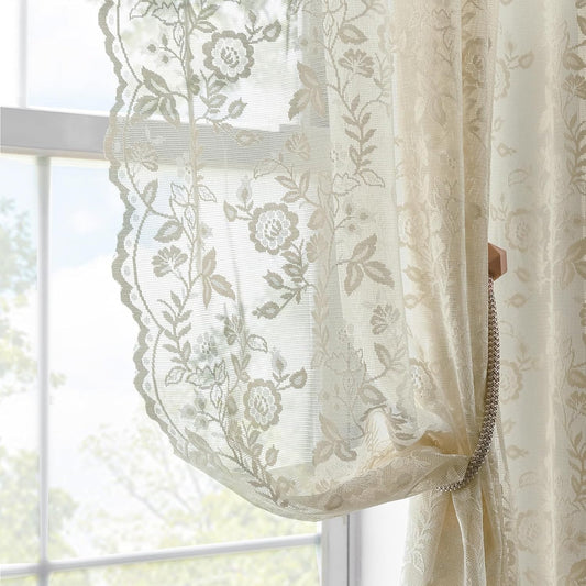 FINECITY Short Beige Lace Curtains Rustic Leaf Floral W42xL36 Inch 2 Panels