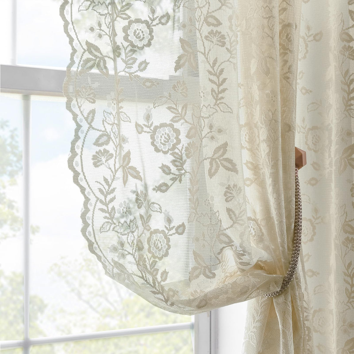 FINECITY Short Beige Lace Curtains Rustic Leaf Floral W42xL36 Inch 2 Panels