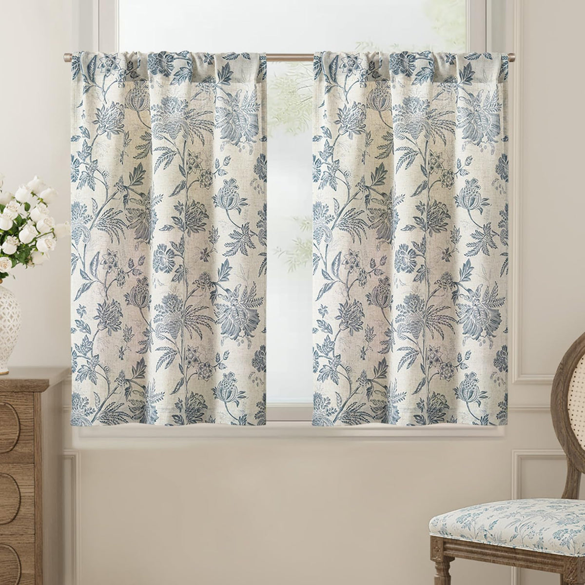 jinchan Floral Kitchen Tier Curtains 24 Inch 2 Panels Sage Green on Beige